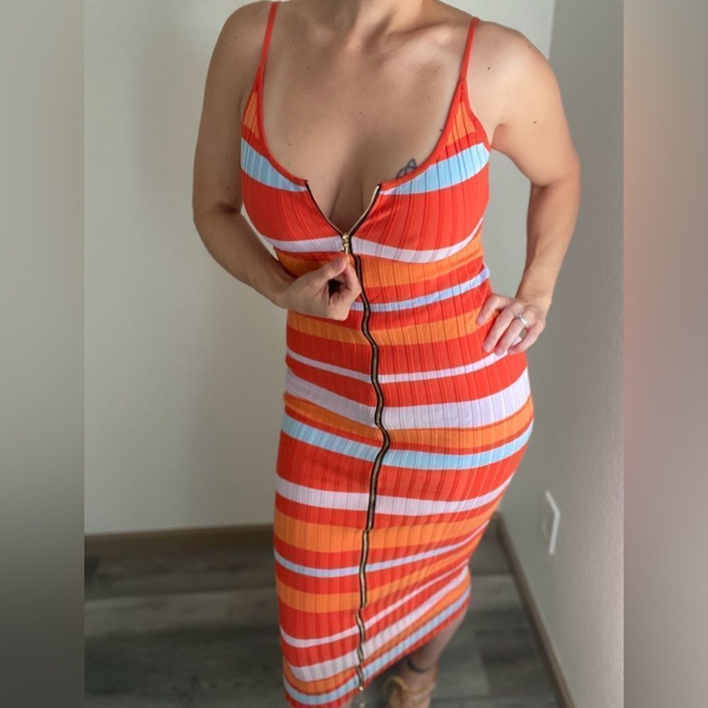 Fashion Nova Midi Dress Ribbed Stripe Dual Zipper Going Out - Picture 5 of 10